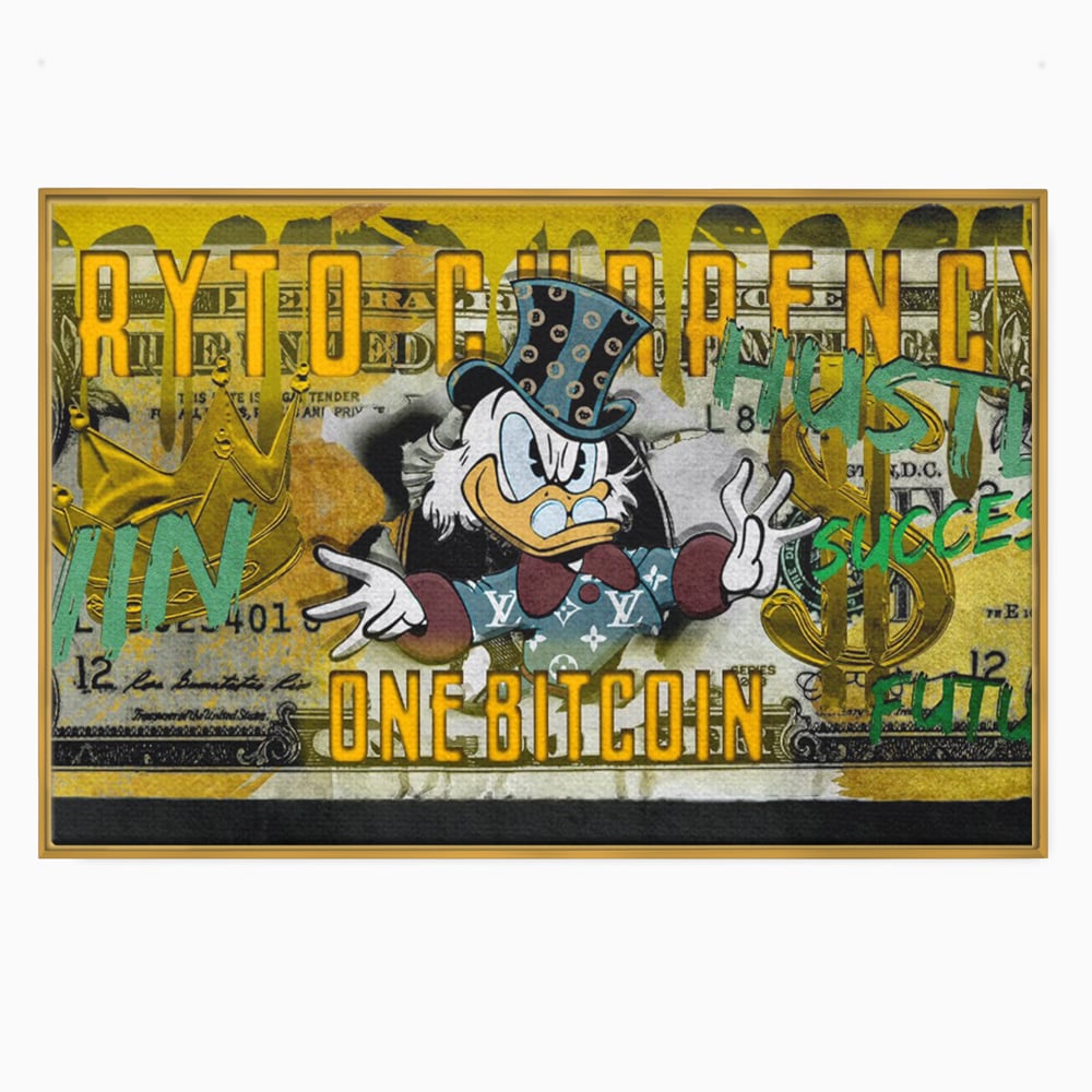 Tablou canvas cu tablou canvas cu donald duck si bitcoin, in rama de aluminiu auriu